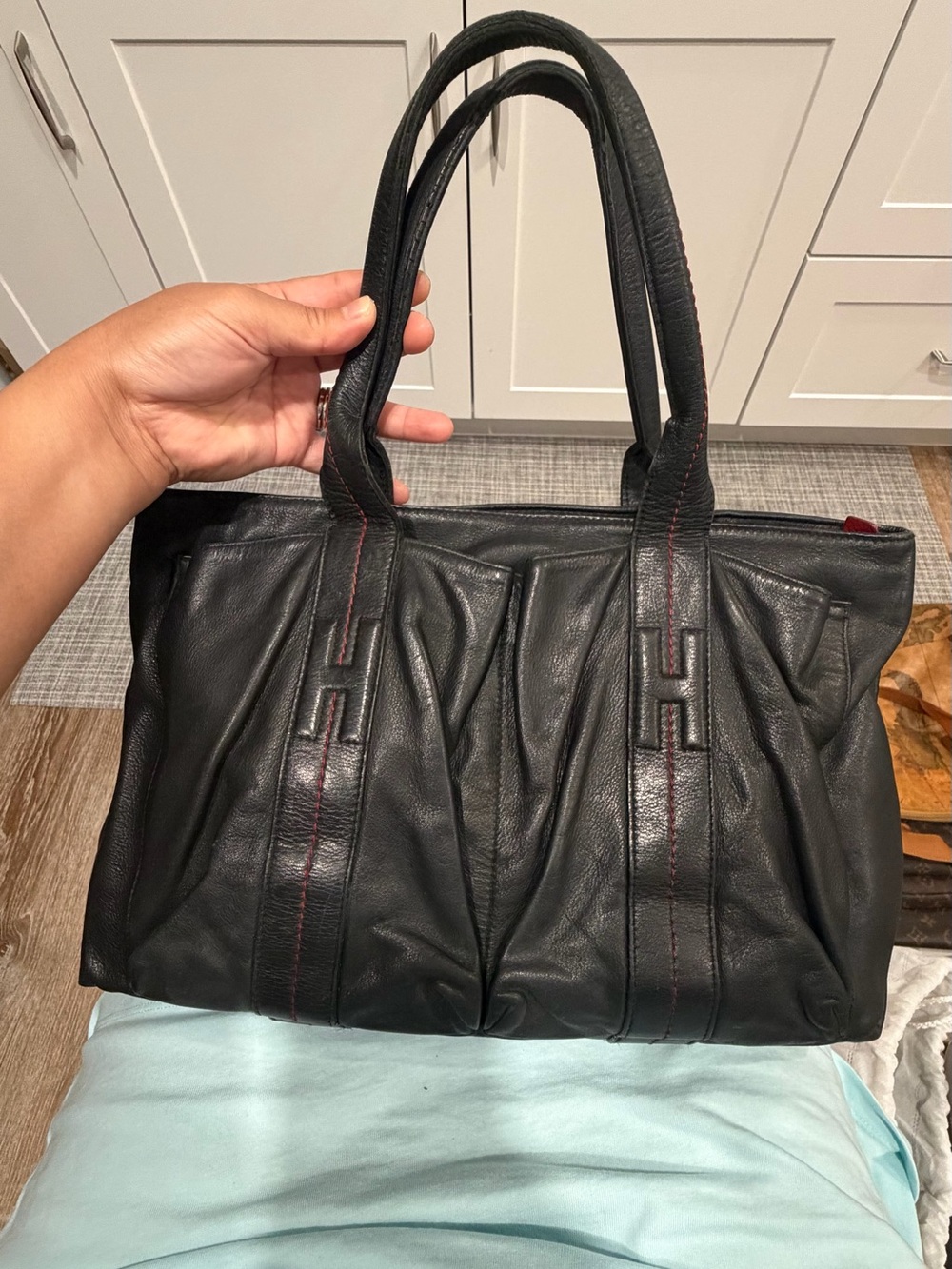 Hermes Black Leather Shoulder Bag with Red Stitching